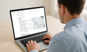 A man searching on his laptop for a personal injury lawyer in Chicago