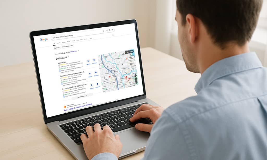 A man searching on his laptop for a personal injury lawyer in Chicago