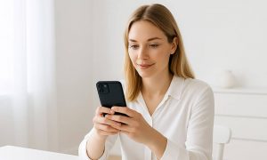 A woman on her phone chatting with an LLM about legal services.