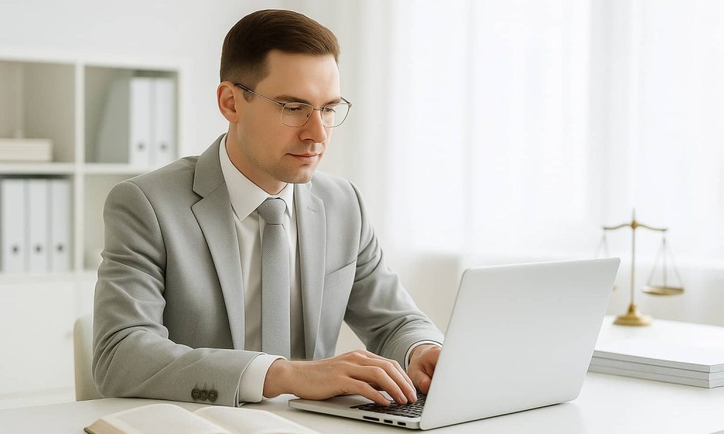 A lawyer sitting at their laptop working on their SEO strategy