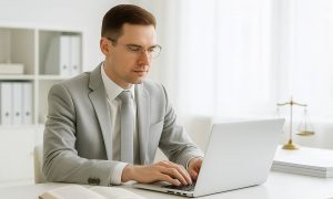 A lawyer sitting at their laptop working on their SEO strategy